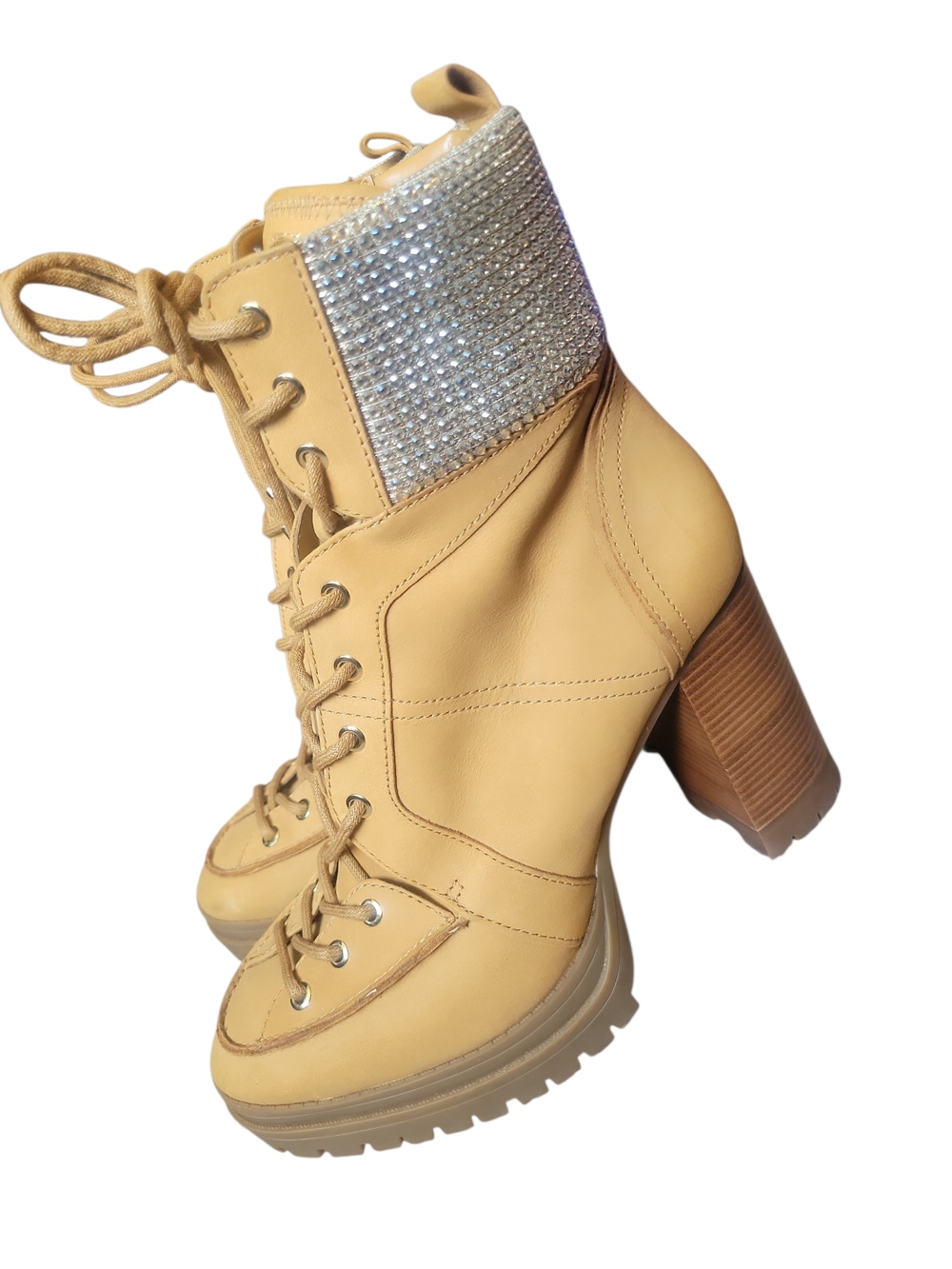 Michael Kors Tan Lace-Up Block Heel Boots with Crystal Collar - Picture 3 of 15